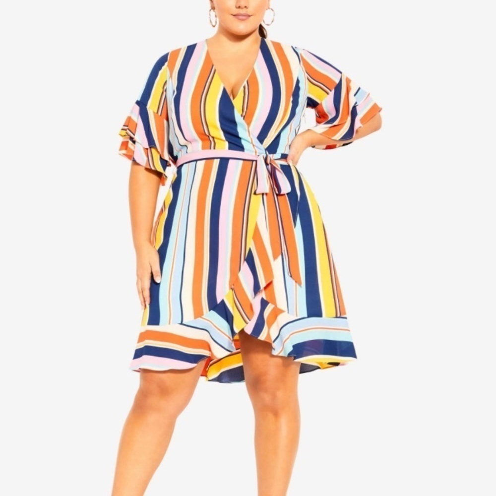 City Chic Striped Ruffle Sleeve Belted Knee Length Dress size 16